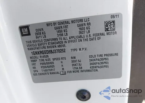 2011 Chevrolet Traverse 1Lt из США, поврежденный, VIN 1GNKRGED8BJ378252